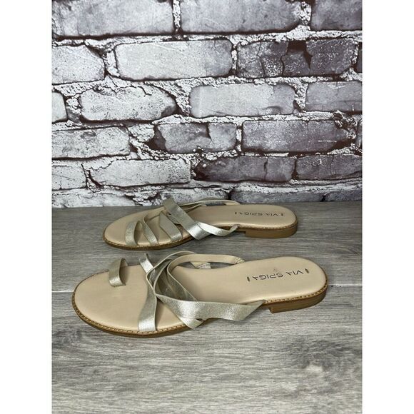 Via Spiga Metallic Silver Leather Toe Post Slides Sandals Women’s Sz 10M US/40EU - Picture 8 of 16